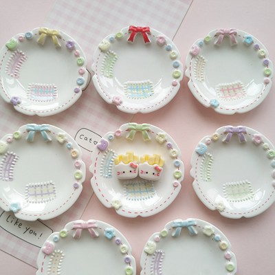 微缩彩色花边扣子蝴蝶结食玩盘子过家家捏捏装饰盘diy奶油胶配件