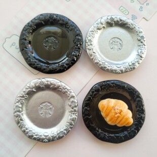 微缩银黑色花边食玩盘子娃娃屋捏捏装饰圆盘摆件手工diy树脂配件