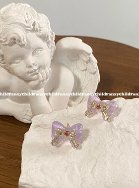 Fanxy原创设计超可爱配色紫色晶莹蝴蝶结耳钉甜美可爱小众耳饰