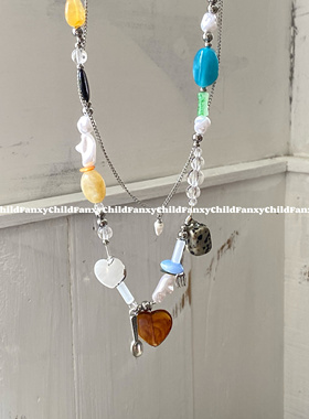 Fanxy复古个性双层叠戴多元素串珠拼接甜酷吊坠小众设计感锁骨链