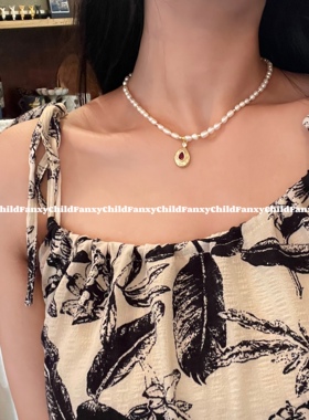 Fanxy法式手作度假风淡水珍珠项链复古水滴玫红吊坠串珠颈链