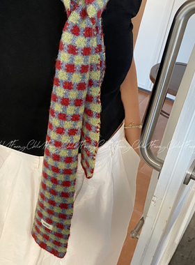 韩国新款ins风红色棋盘格针织围巾女氛围感保暖披肩围脖情侣