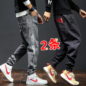 休闲牛仔裤 弹力春季 男款 加肥加大束脚工装 男裤 裤 子松紧腰宽松大码