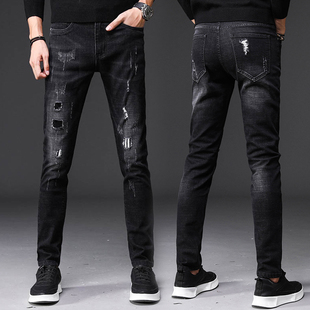 深色牛仔裤男弹性冬季破洞韩版潮小脚修身酷帅气个性破烂男士裤子