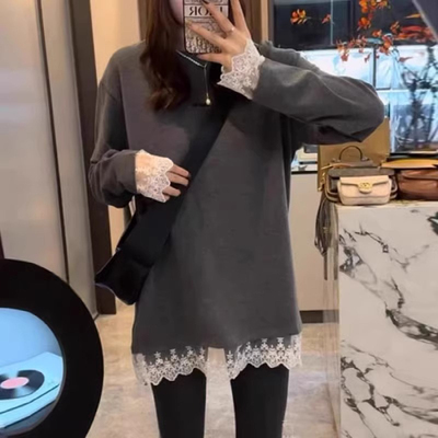 蕾丝中长款打底衫女鲨鱼裤的上衣