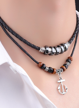 项链男日韩版潮人个性学生男士脖颈链皮质钛钢饰品挂吊坠子