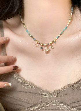 复古串珠叠戴项链女款小众波西米亚太阳花锁骨链脖子颈链配饰