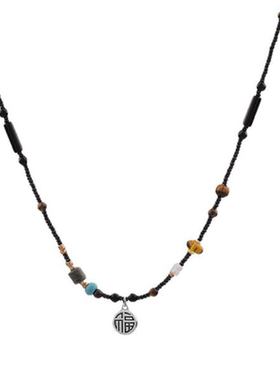 国风醒狮福牌项链女复古风锁骨链新中式国潮毛衣链