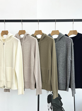 LP新品25秋冬女装连帽开衫拉链插肩袖口袋直筒羊绒针织衫毛衣外套