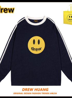 drew笑脸美式潮流三杠拼接圆领潮牌长袖T恤打底情侣宽松FOG上衣秋