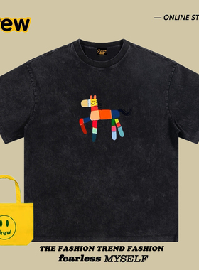 Drew美式潮牌卡通小马印花短袖T恤男女宽松纯棉百搭情侣上衣半袖