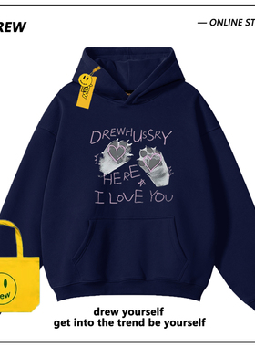 Drew美式潮牌卡通趣味猫爪印花连帽卫衣男女情侣宽松外套帽衫秋冬