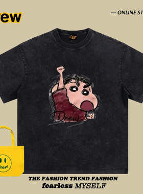 潮牌drew美式插画卡通蜡笔小新做旧短袖T恤男女宽松情侣水洗半袖