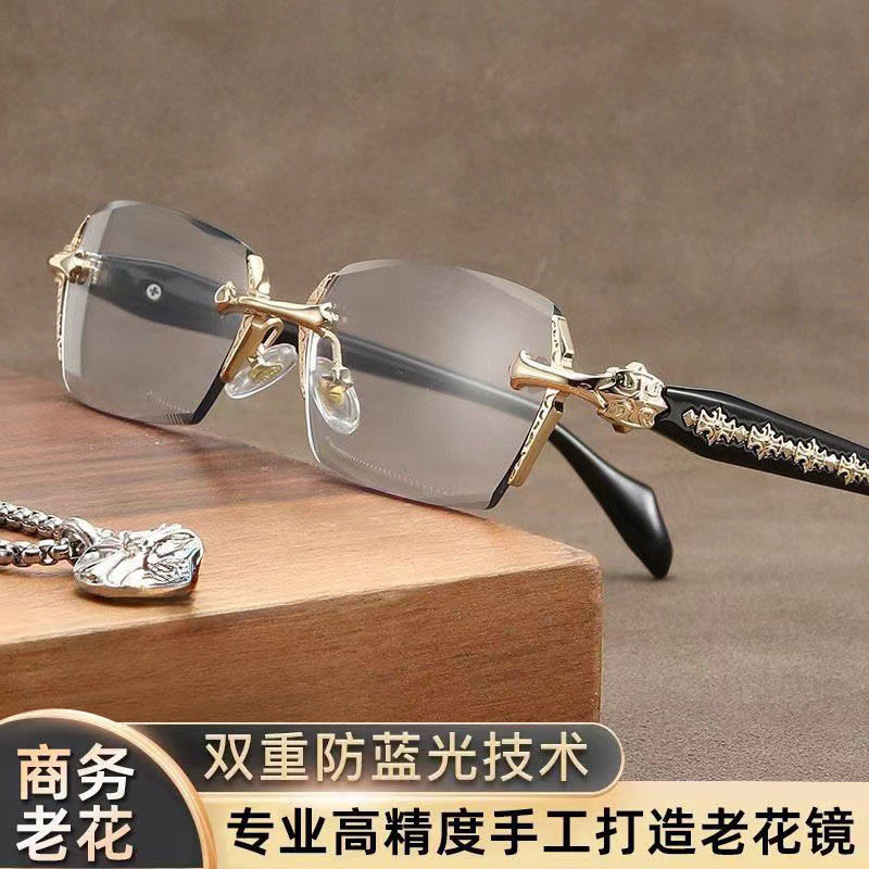 新款钻石切边男士防蓝光老花镜无框商务老视镜护眼老年人眼镜批发