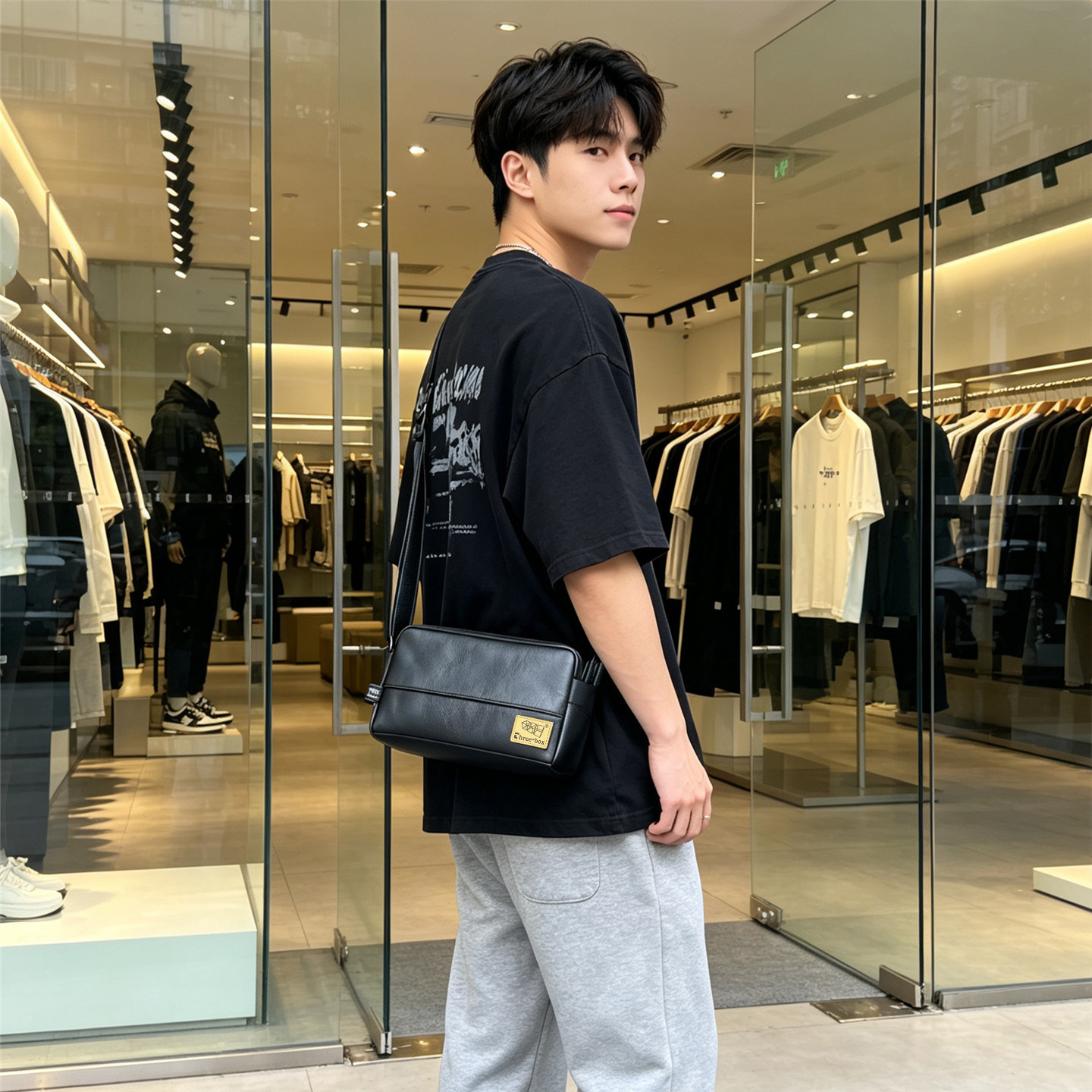 Three-Box男士PU皮简约斜挎包