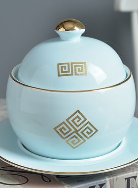 浅蓝色金边陶瓷小炖盅一人份佛跳墙燕窝甜品碗酒店餐厅位上汤盅