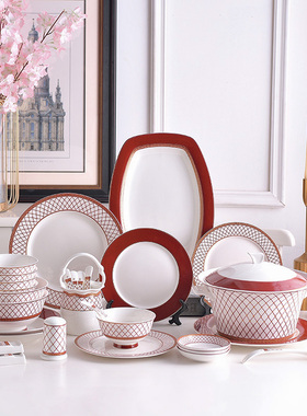 红色ins欧式餐具套装家用碗碟西餐盘好看新年喜庆轻奢餐具微波炉