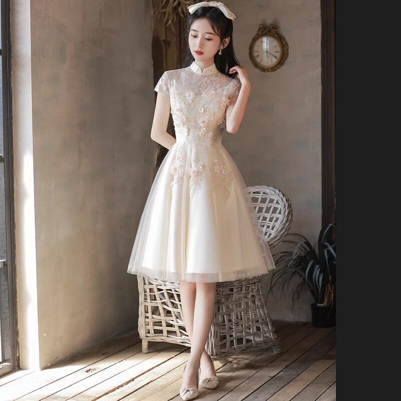 改良版日常旗袍裙2024新款短款中国风订婚小礼服中式姐妹团伴娘服