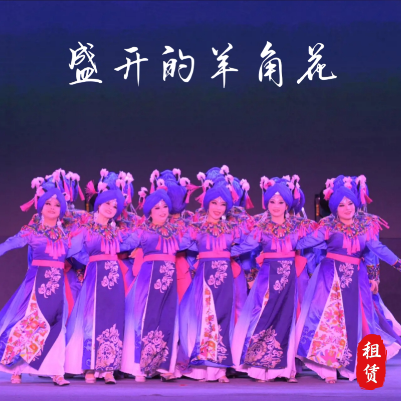 民族汇演羌族羊角花舞蹈服租赁艺考集体舞台表演刺绣长裙服装出租