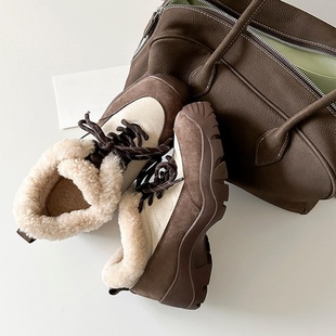 女2025年系带厚绒保暖软皮东北单鞋 软皮时尚 休闲小个子厚底德训鞋