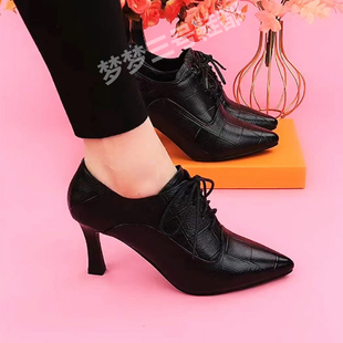 真皮深口单鞋女2025年秋冬新款英伦风皮鞋细跟系带高跟鞋时装裸靴