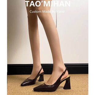 软皮法式不累脚高跟鞋女外穿2026夏季新款尖头配裙子粗跟包头凉鞋