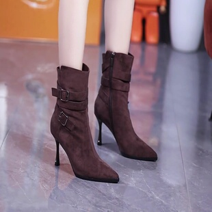 8cm秋冬新款气质绒面皮带扣马丁靴高跟短靴女2025时尚细跟瘦瘦靴