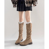 软皮复古粗跟褶皱堆堆长靴女2025新款 美拉德长筒靴西部牛仔骑士靴