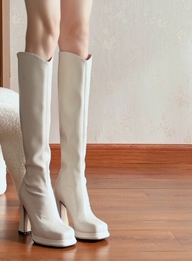 10CM白色长筒靴女2025秋冬新款高跟靴瘦瘦弹力靴显腿细法式高筒靴