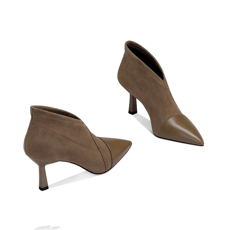 软皮拼接韩系小裸靴女2025年秋冬新款性感尖头细跟显腿长高跟靴子,女鞋,时装靴,淘宝优惠券,粉丝福利购,淘宝优惠卷