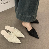 绝美凉拖3cm小猫跟尖头穆勒鞋 透气蕾丝包头拖鞋 女2026夏外穿法式