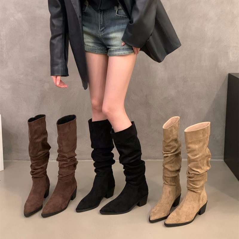 尖头高跟卡其色堆堆靴长靴色