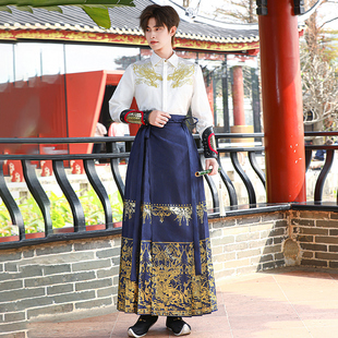 领刺绣上衣古风套装 衬衫 汉服新中式 原创帅气鹿神织金马面裙男款