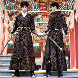 唐制圆领袍中国风汉服男款古风武侠风提花长袍侠客风演出服套装