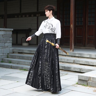 汉服套装 原创新中式 男装 烫金马面裙中国风大码 白黑色书法龙纹衬衫
