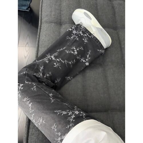 黑色荆棘提花满印牛仔裤男高个子加长裤子美式高街vibe弯刀微喇裤