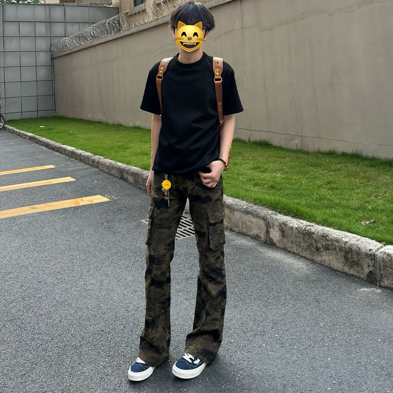 美式高街迷彩牛仔裤男款夏季薄款工装裤子修身窄版休闲直筒微喇裤