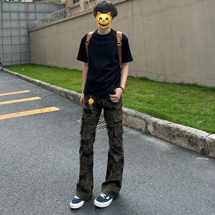 美式高街迷彩牛仔裤男款夏季薄款工装裤子修身窄版休闲直筒微喇裤