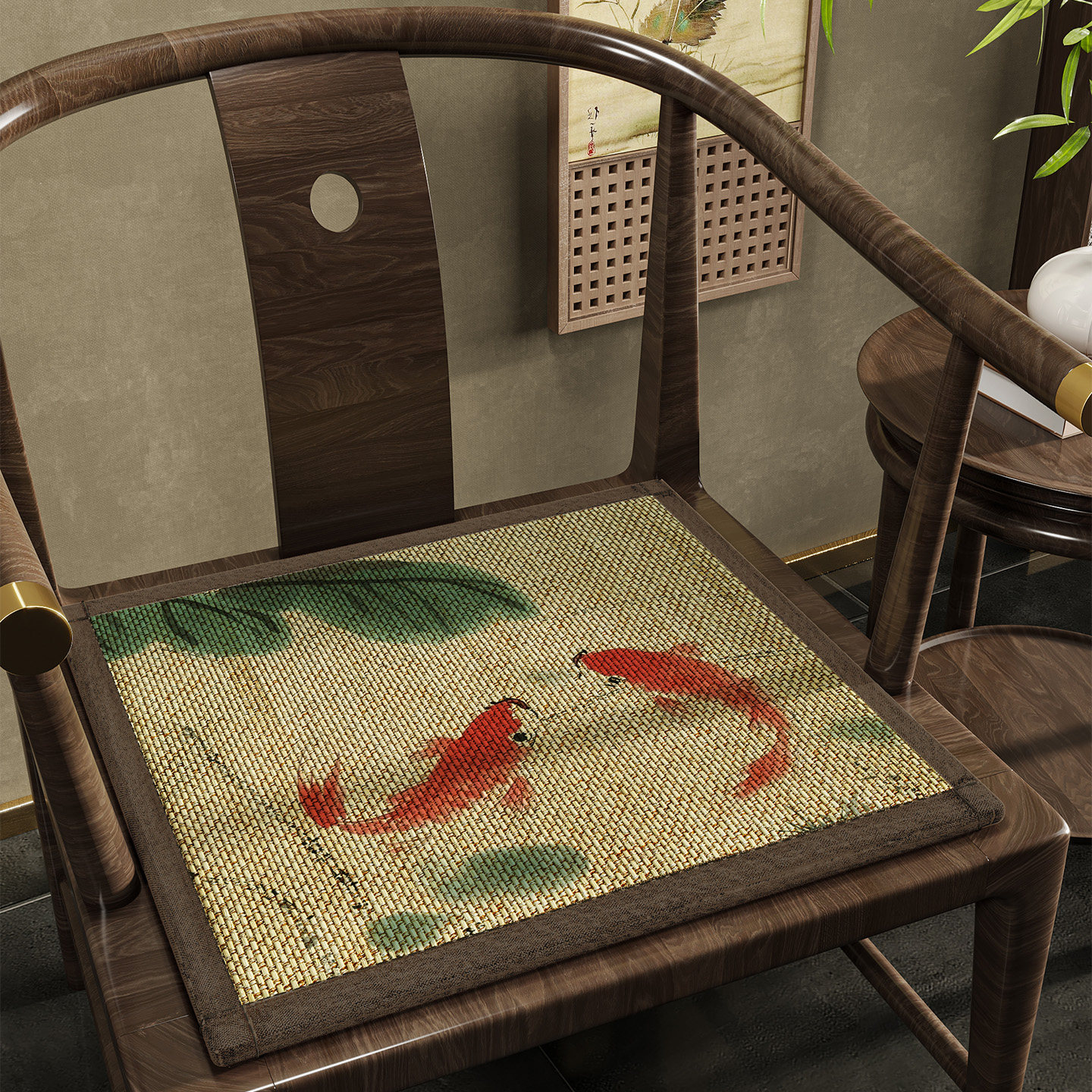 新中式锦鲤竹编椅子坐垫加厚餐椅垫红木沙发垫茶桌椅垫太师椅座垫,居家布艺,椅垫,淘宝优惠券,粉丝福利购,淘宝优惠卷