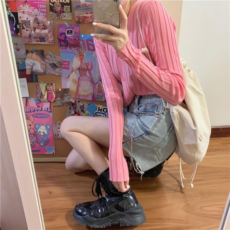 Real price new spring collar short slim long sleeve versatile knitted cardigan jacket