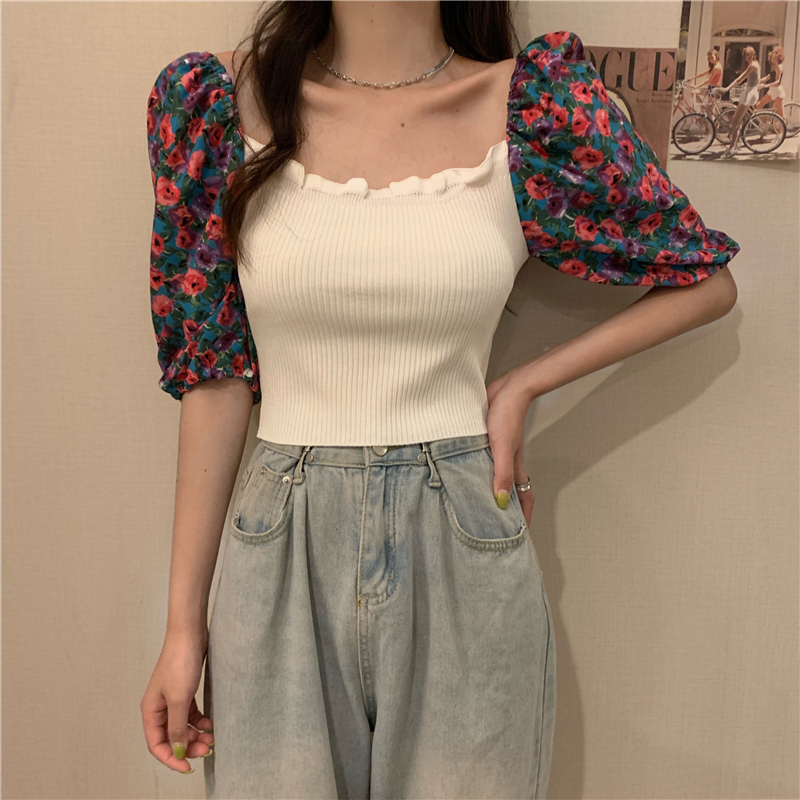 Real shot real price new Korean version careful machine square collar broken flower stitching bubble sleeve versatile T-shirt