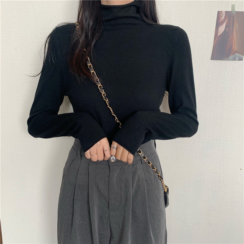 Real price autumn and winter Korean basic solid color show thin pile up high collar core spun yarn knitted bottoming shirt