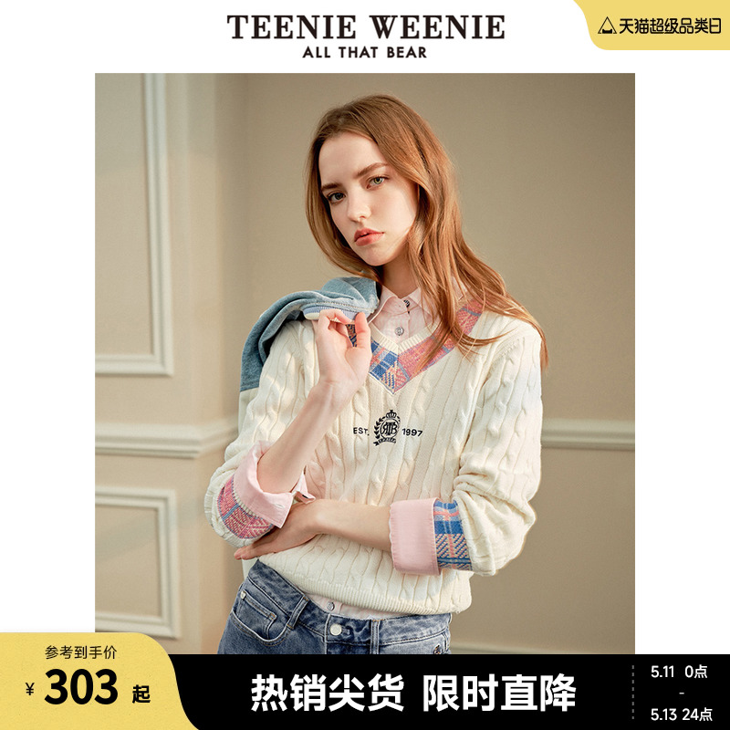 TeenieWeenie小熊春装学院风撞色V领毛衣毛针织衫女