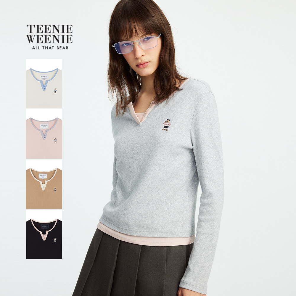 TeenieWeenie小熊女装长袖T恤秋冬季假两件拼接亨利领打底衫上衣,女装/女士精品,T恤,淘宝优惠券,粉丝福利购,淘宝优惠卷
