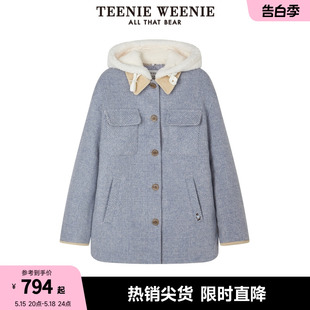 TeenieWeenie小熊冬季 连帽绵羊毛混纺撞色毛呢大衣呢子外套女软糯