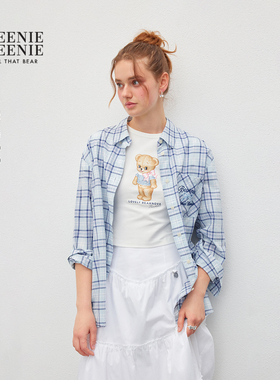 TEENIEWEENIE bearnova25秋季新款学院风蓝色宽松棉格纹长袖衬衫
