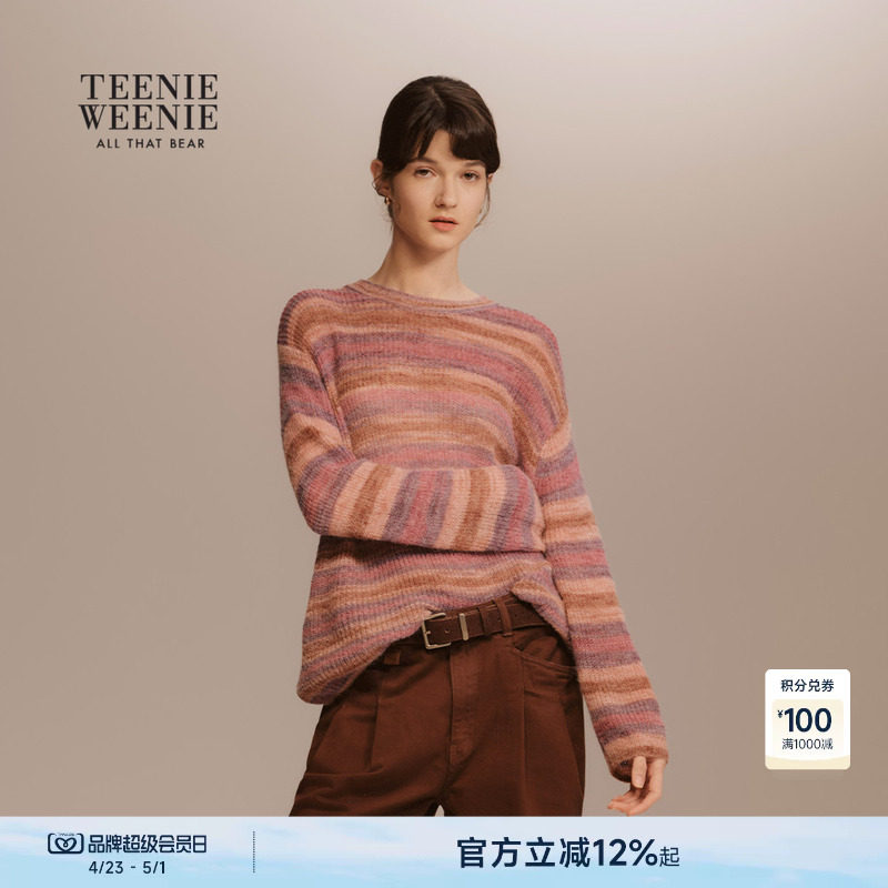 TeenieWeenie小熊女装毛针织衫26春夏款时尚舒适圆领条纹套头毛衣