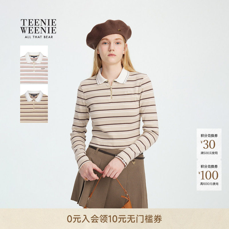 TeenieWeenie小熊女装春秋季时髦宽松条纹半拉链翻领长袖短款T恤