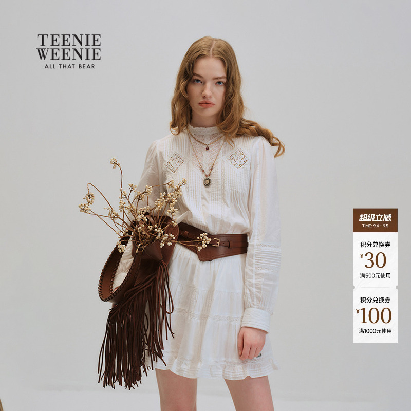 TeenieWeenie小熊法式蕾丝镂空衬衫女全棉舒适宽松罩衫千金风衬衣