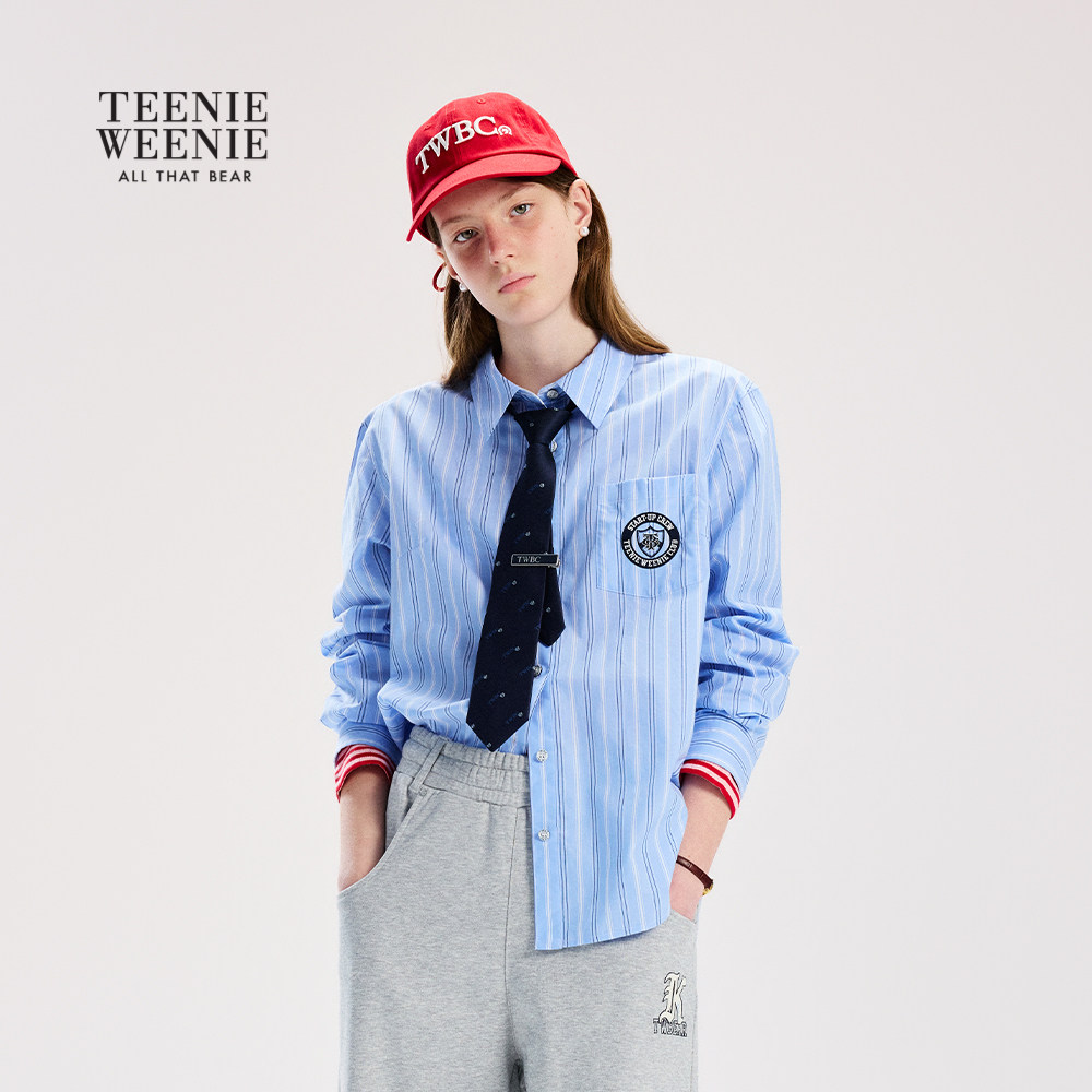 TeenieWeenie小熊领带学院风质感条纹衬衫26年春季新款长袖衬衣女
